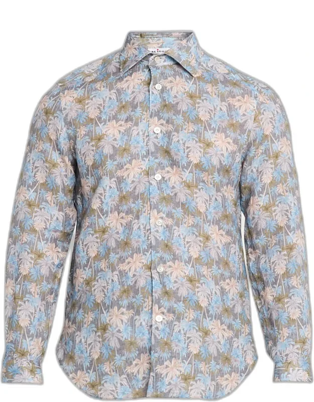 Palm-print Linen Button-down Shirt With Mother-of-pearl
