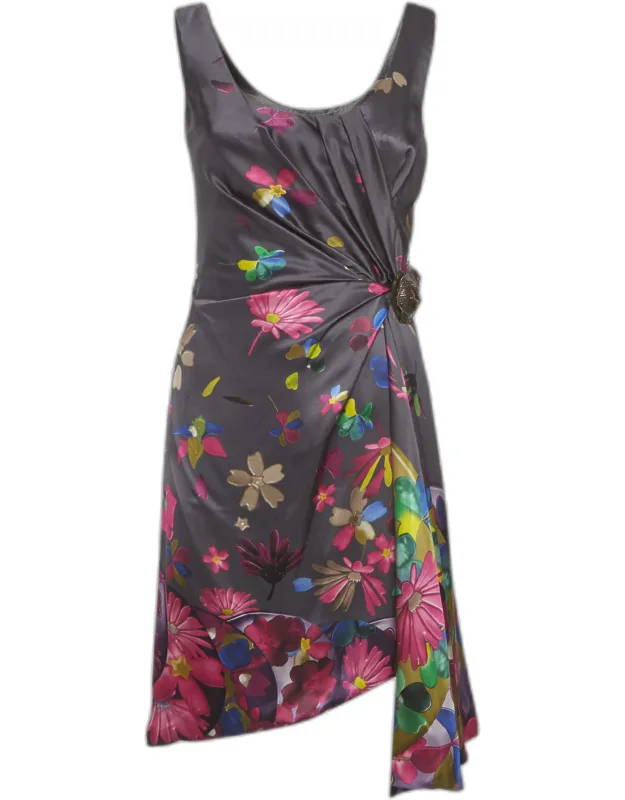 Floral Print Silk Draped Mini Dress
