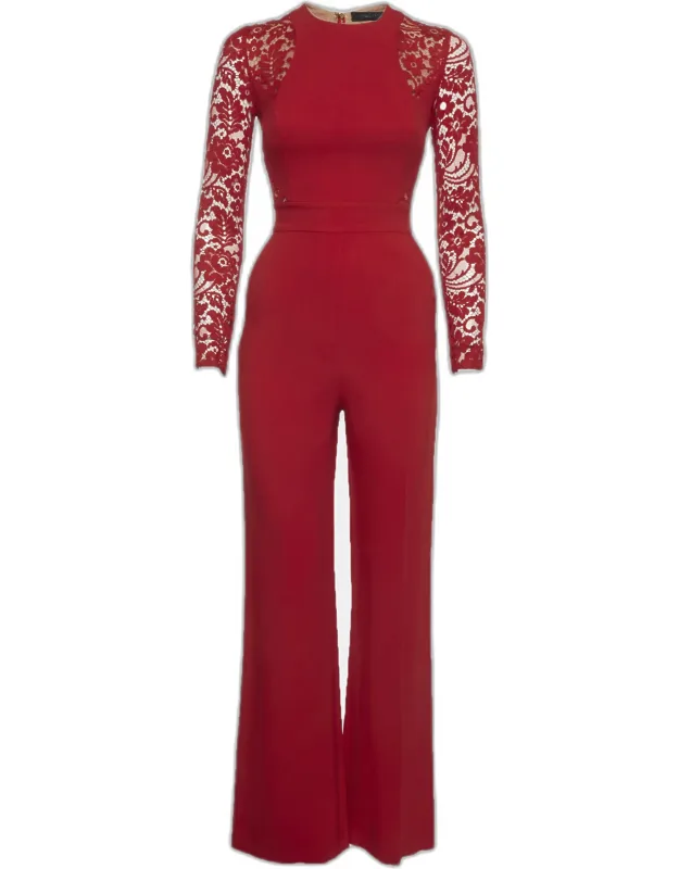 Stretch Knit And Lace Long Sleeve Jumpsuit