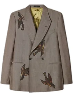 Wool-mohair Embroidered Birds Double Breasted Blazer