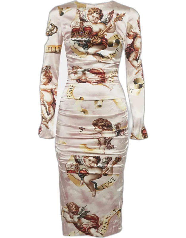 Satin Baroque Cherub Print Ruched Midi Dress