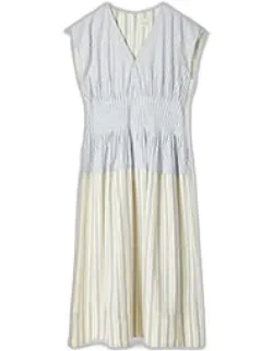 Contrast Stripe Shirred Midi Dress