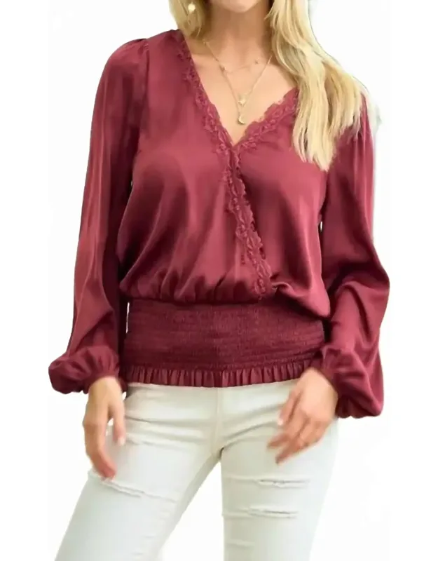 Smocked Waist Surplice Top With Lace