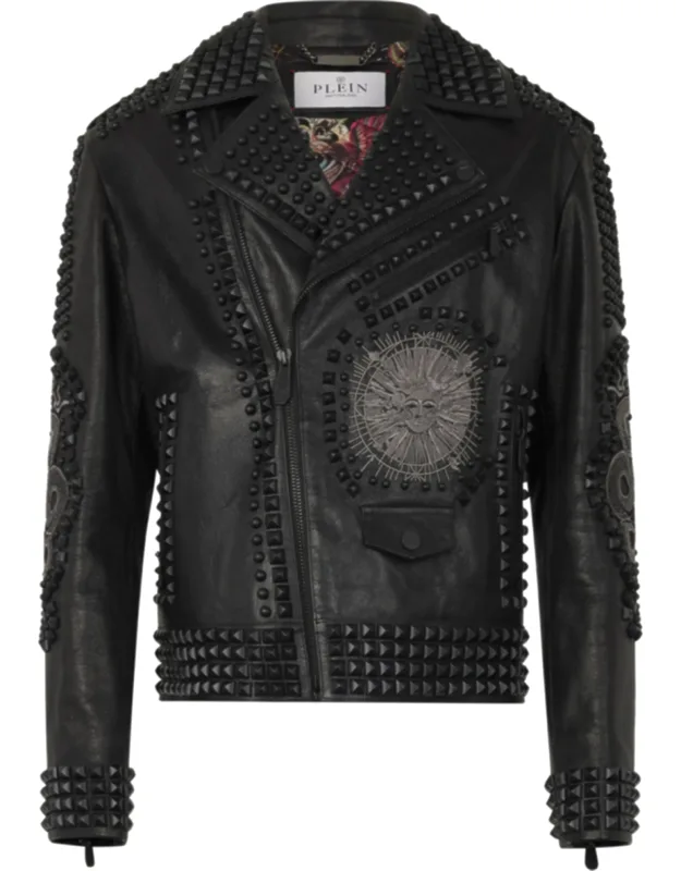 Vintage Leather Biker Jacket With Tattoo Patches And Studs