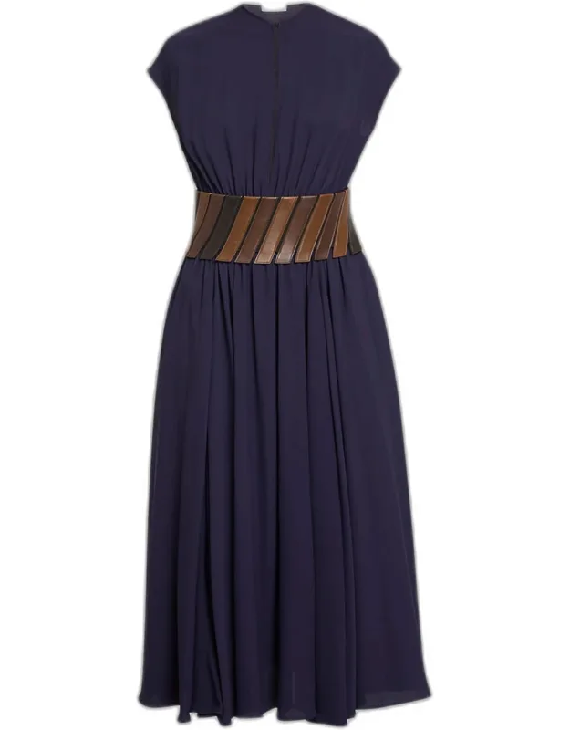 Belted Cap-sleeve Midi Dress