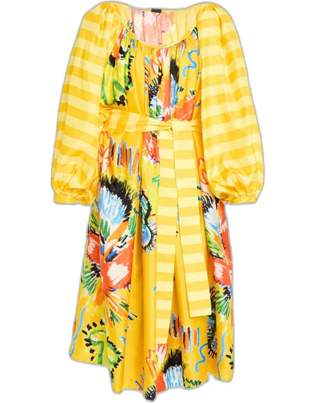 Tropical Striped Silk Balloon Sleeve Midi Dress