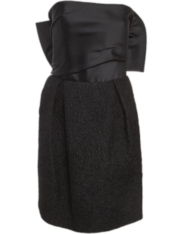 Satin And Textured Jacquard Bow Detail Strapless Mini Dress