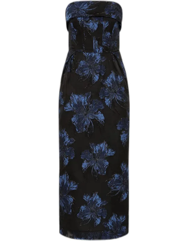 Strapless Floral Brocade Midi Dress