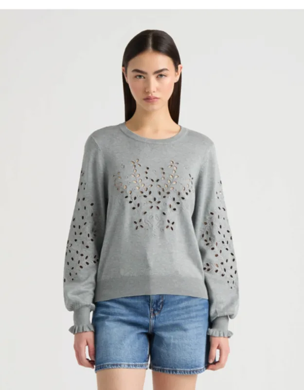 Long Sleeve Eyelet Crew Neck Sweater