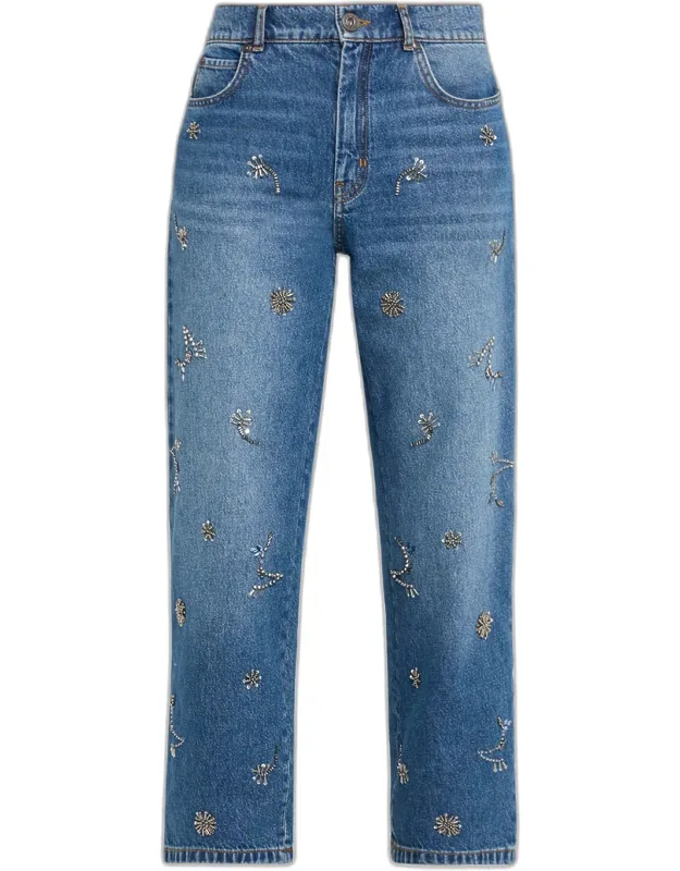 Beaded Cotton Denim Crops