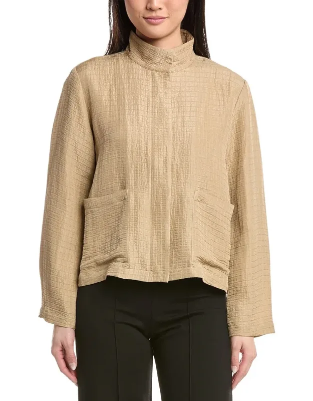 Stand Collar Silk & Linen-blend Jacket