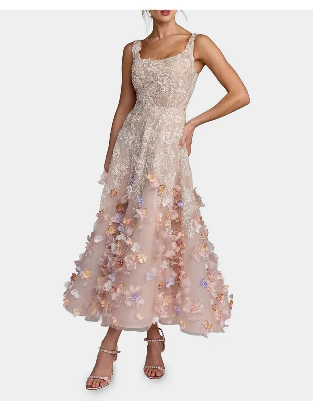 Beaded Floral Applique Midi Dress