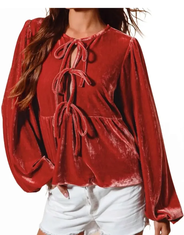 Velvet Front Tie Peplum Blouse