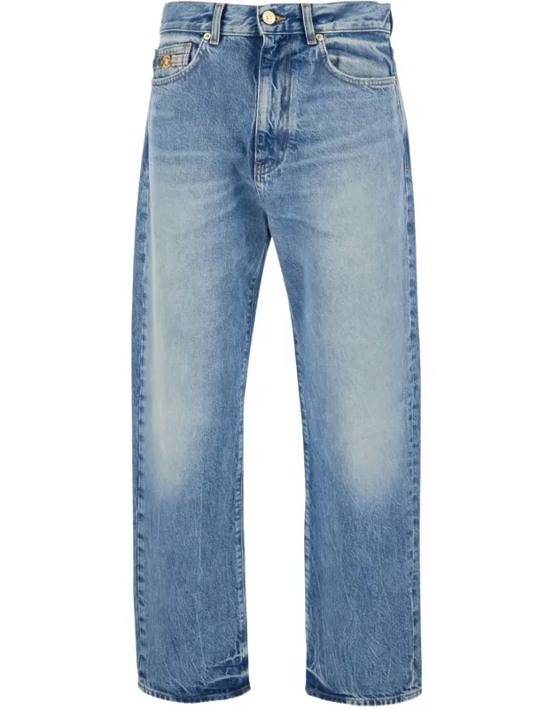 Straight-leg Denim Trousers With Metallic Emblem