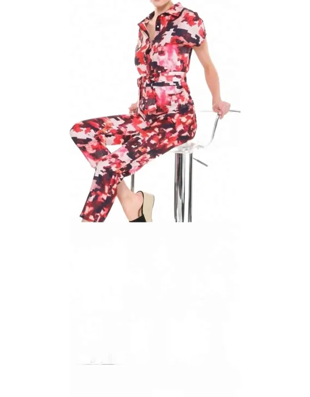 Front Button Down Printed Jumpsuit