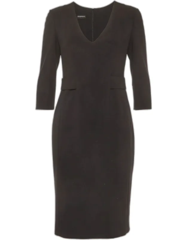 Stretch Crepe V Neck Sheath Midi Dress