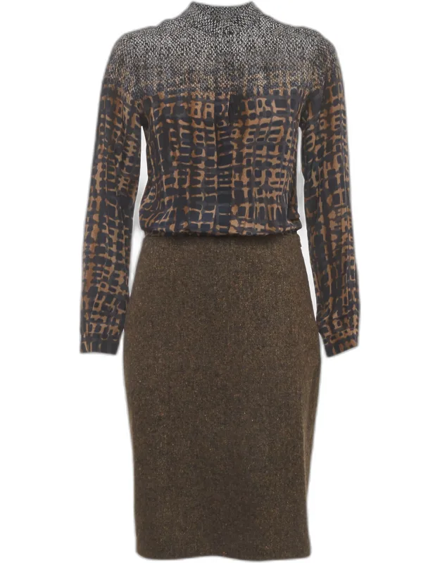 Abstract Print Silk Chiffon And Tweed Wool Blend Dress