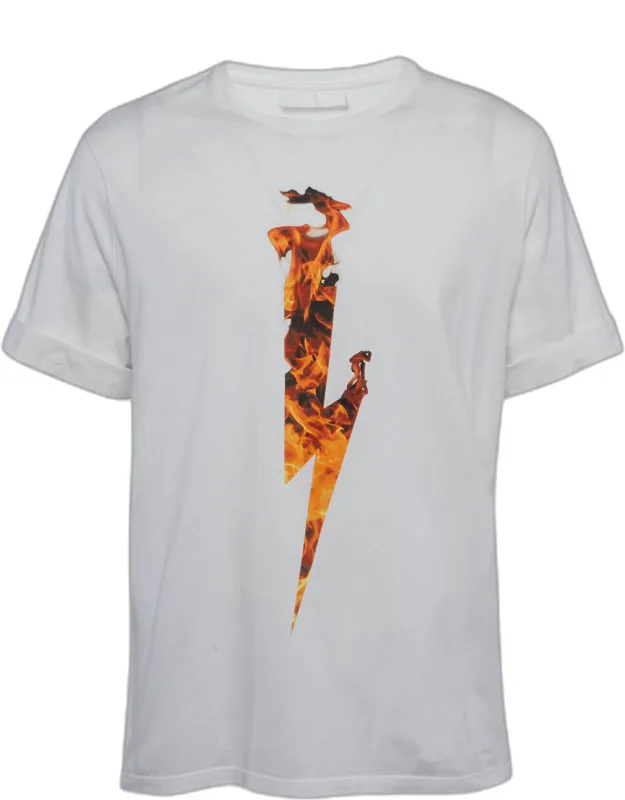 Flame Thunderbolt Print Cotton Rolled Up T-shirt