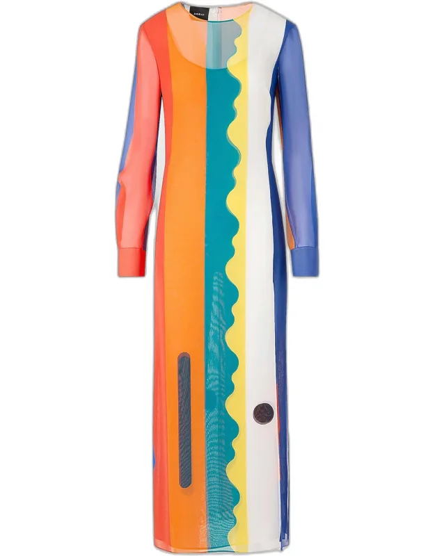 Paravent-print Silk Long-sleeve Slits Maxi Dress