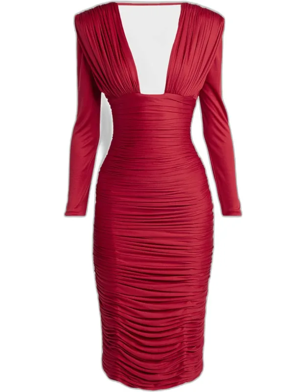 Gathered Long-sleeve Midi Dress