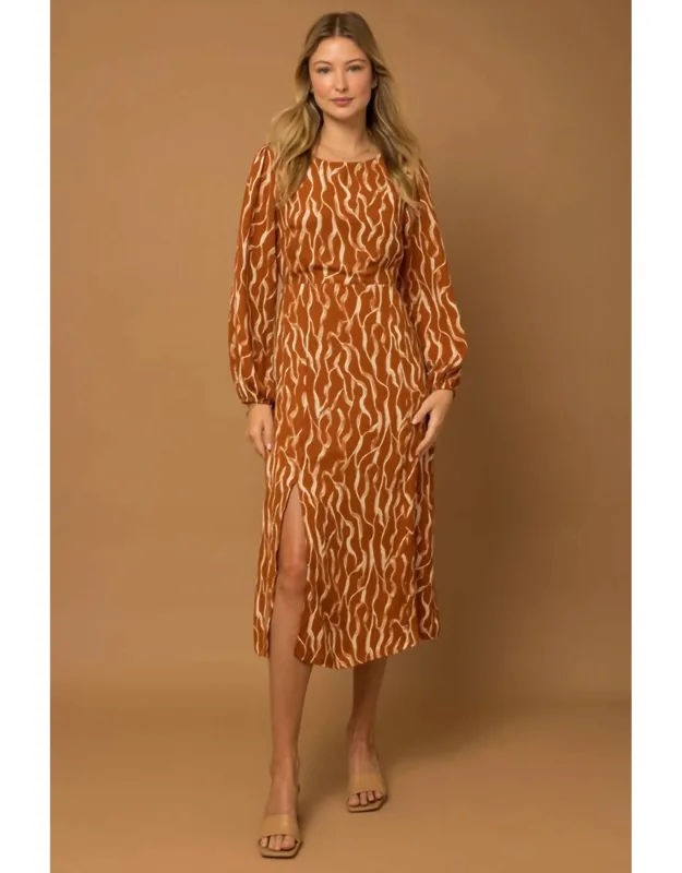 Long Sleeve Back Open Slit Abstract Print Dress