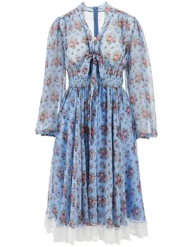 Bunch Of Flowers Print Chiffon Midi Dress