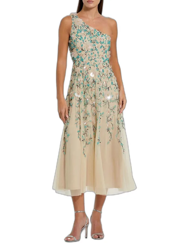 Embellished Floral Mesh One-shoulder Midi Dress