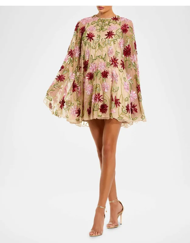 Embellished Floral Mesh Cape Minidress