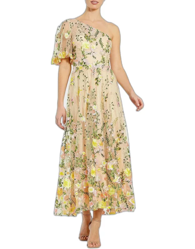 Floral Embroidered One-shoulder Midi Dress