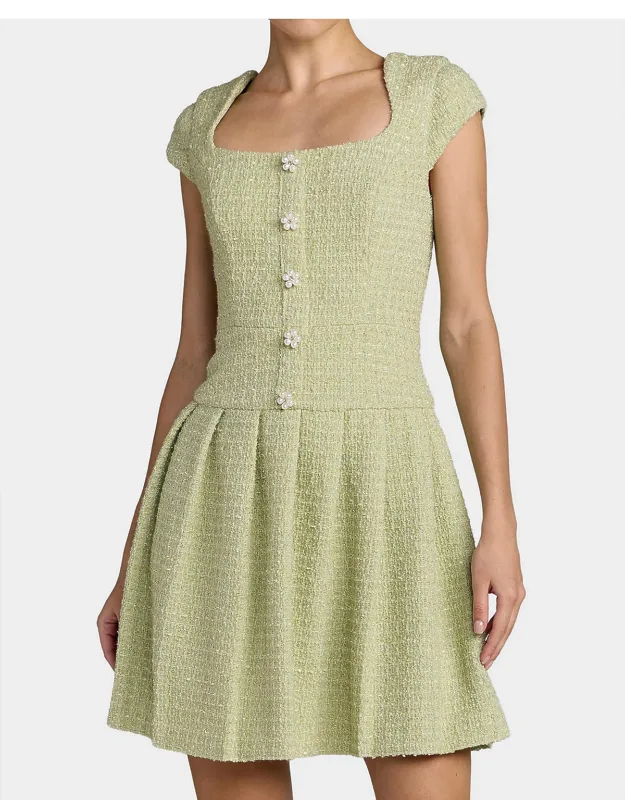Bouclé Pleated Square-neck Minidress