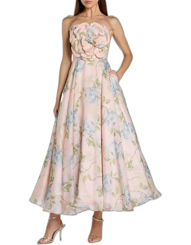 Floral Organza A-line Strapless Cocktail Dress