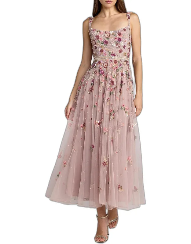 Floral Embellished Scoopneck Midi Dress