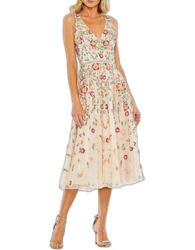 Floral Embroidered V-neck Midi Dress