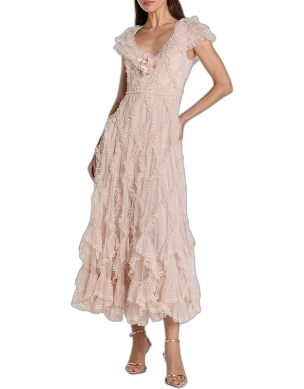 Ruffled V-neck Midi Dress