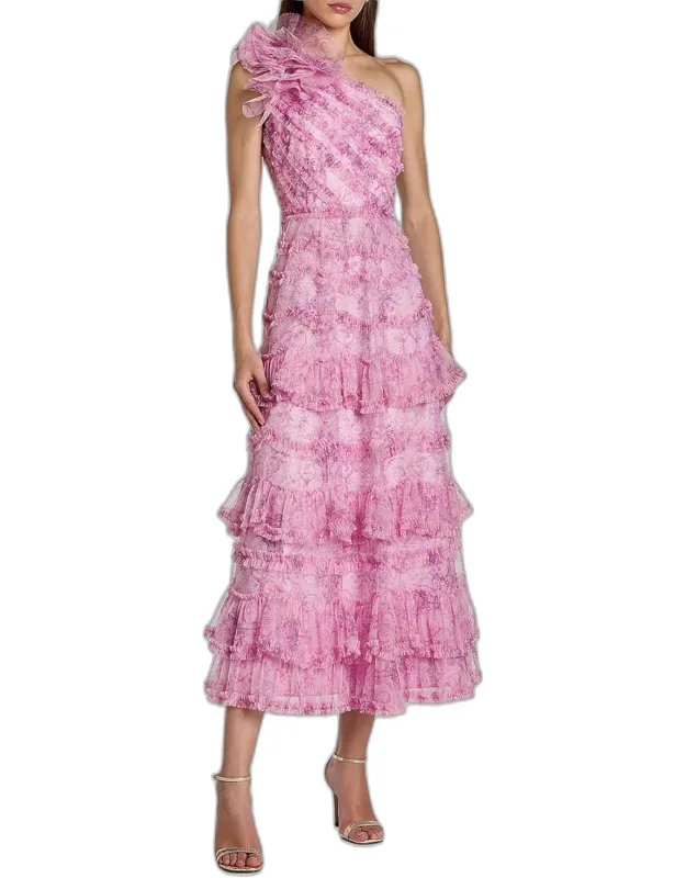 Baroque Mesh Ruffled One-shoulder Midi Dress