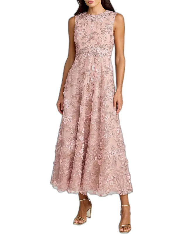 Floral Embroidered Round-neck Midi Dress