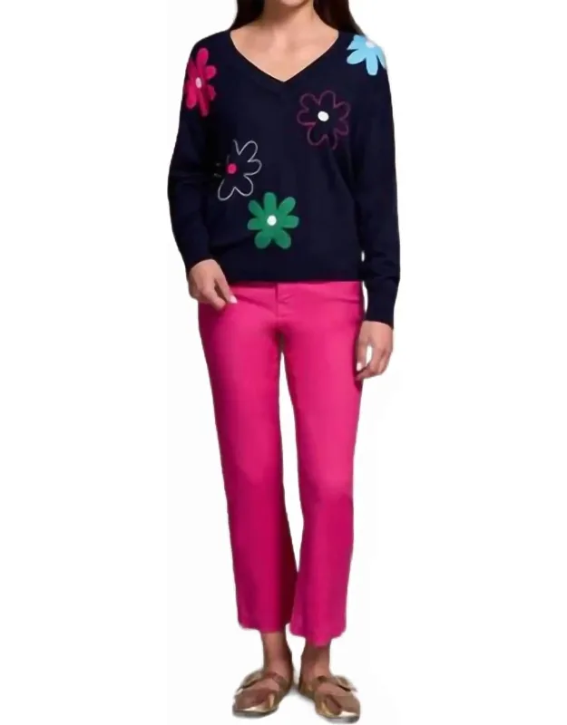 Daisy Flower Front Cotton V-neck Sweater