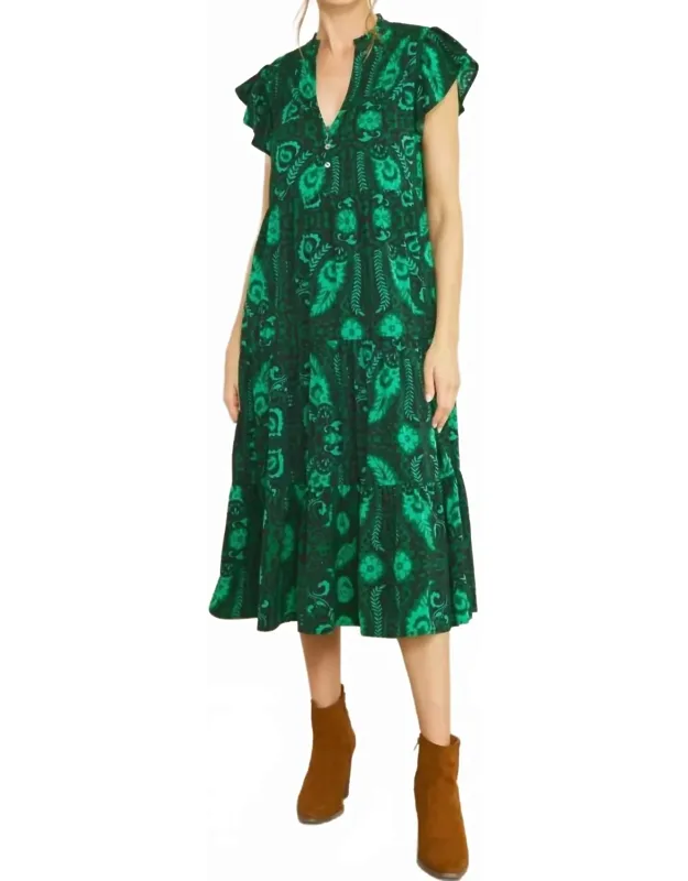 Floral & Leaf Ruffle Midi Dress