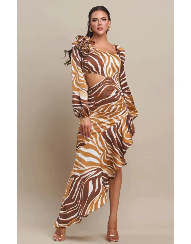 Long Sleeve Diagonal Ruffle Maxi Dress