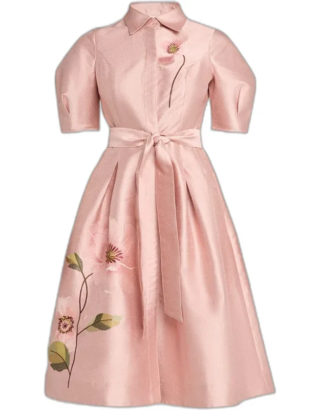 Floral-embroidered Shimmer Jacquard Midi Shirtdress
