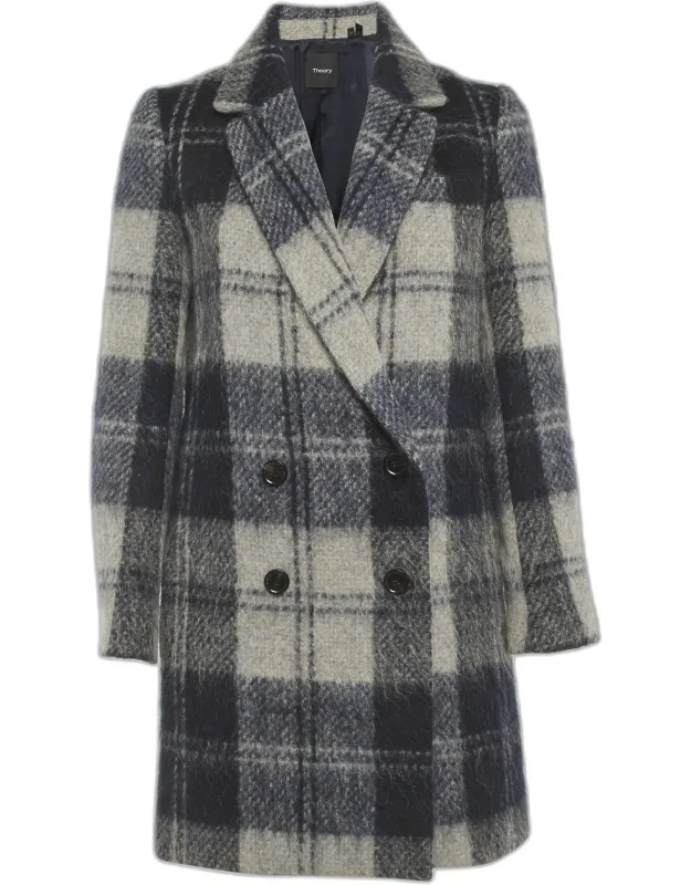 Plaid Pattern Wool Blend Double Breasted Coat