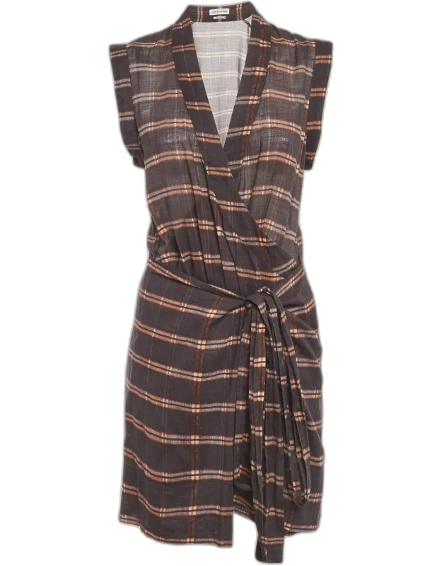 Plaid Print Cotton Sleeveless Wrap Dress