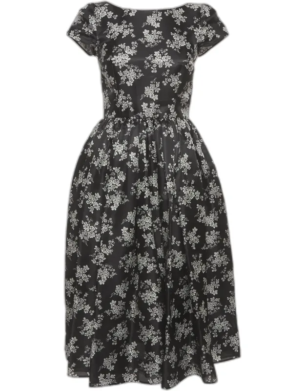 Floral Print Silk Gathered Midi Dress