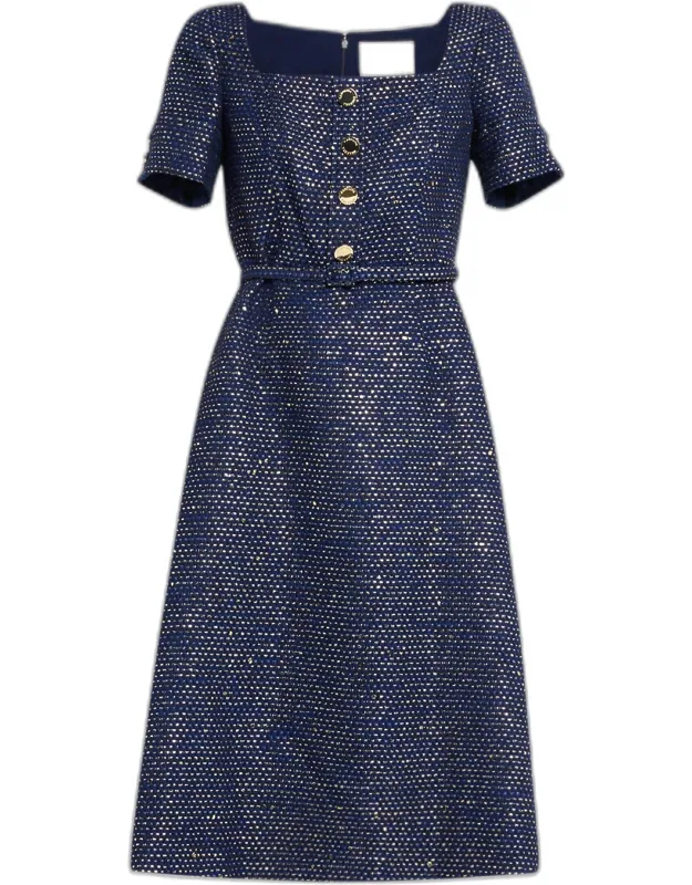 Metallic Tweed Button-front Belted Midi Dress