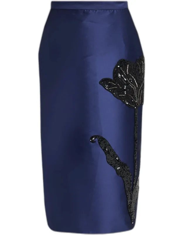 Embroidered Satin Midi Pencil Skirt
