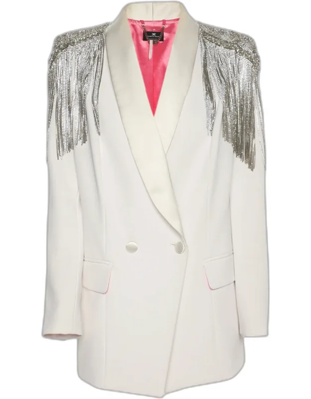 White Stretch Crepe Metal And Crystal Fringe Double Breasted Blazer