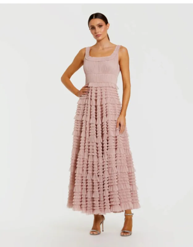 Micro Ruffle Sleeveless Scoop Neck Maxi Dress