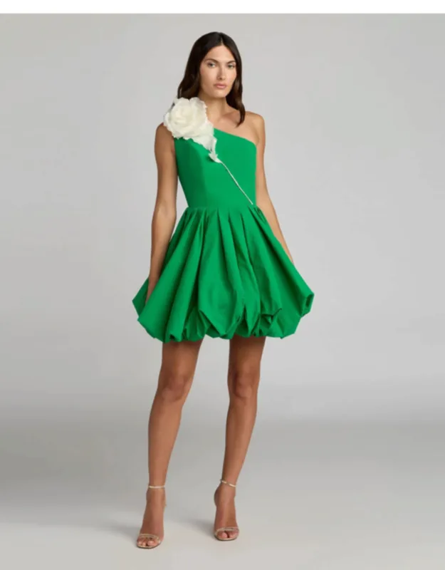 Bubble Hem Mini Dress With 3d Flower