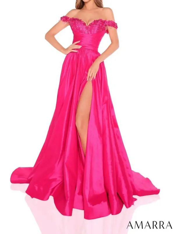 Floral Neckline Pleated Waist High Slit Dress
