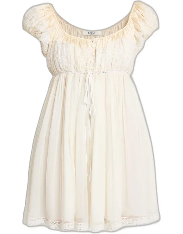 Lace-trim Short-sleeve Silk Mousseline Mini Babydoll Dress